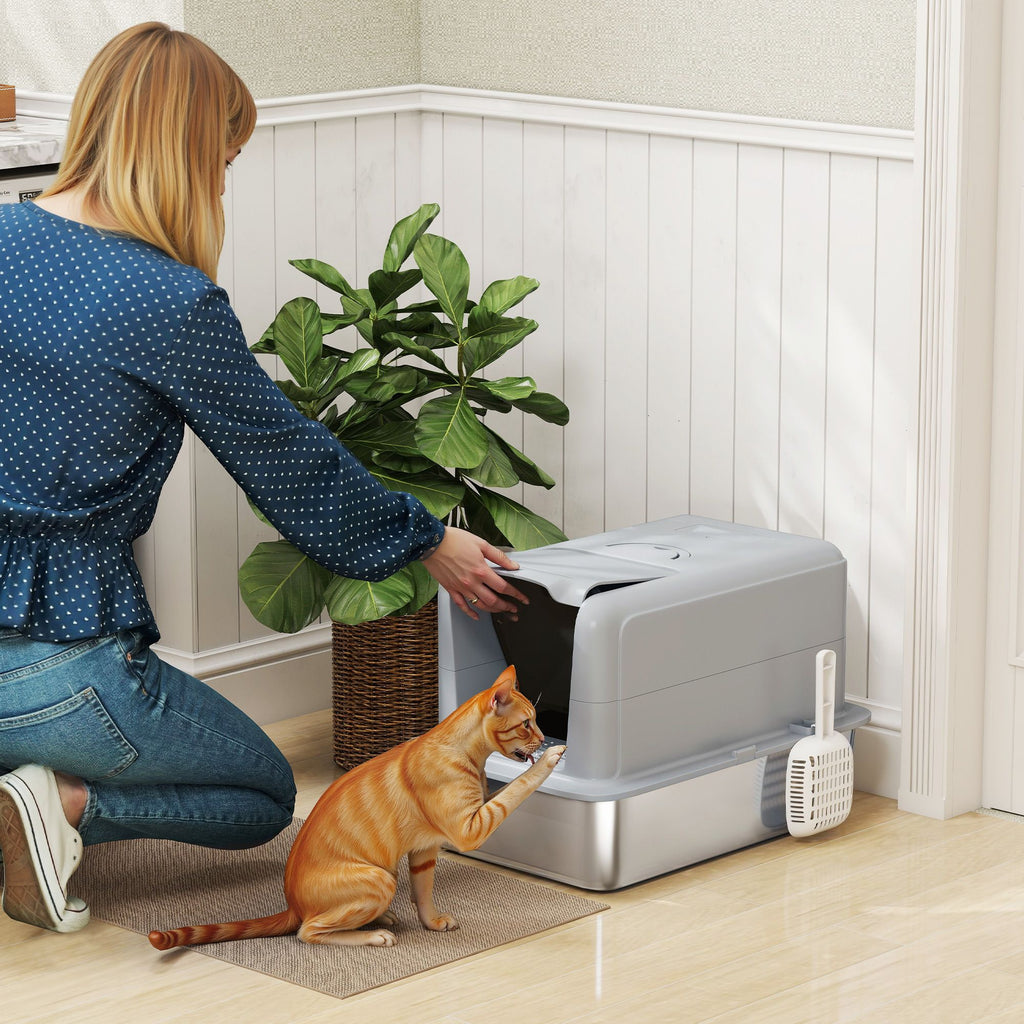2-in-1 Stainless structured Cat Litter Box with Removable Lid and Scoop