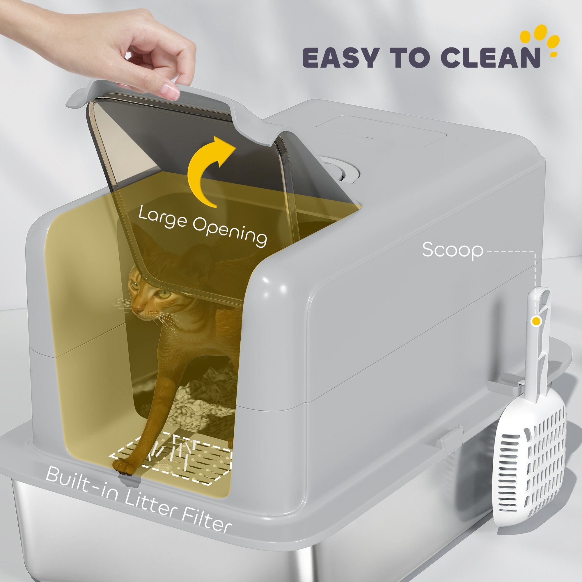 2-in-1 Stainless structured Cat Litter Box with Removable Lid and Scoop