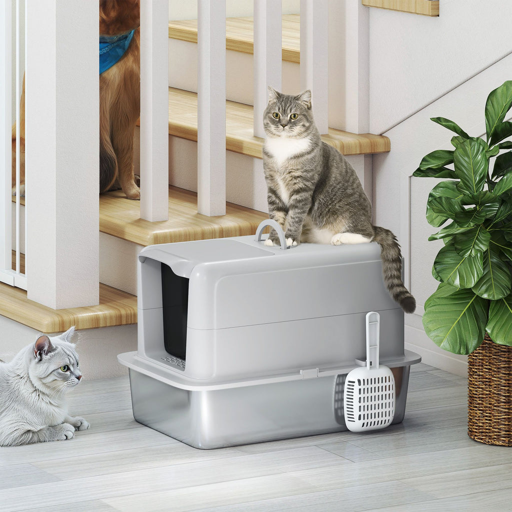 2-in-1 Stainless structured Cat Litter Box with Removable Lid and Scoop