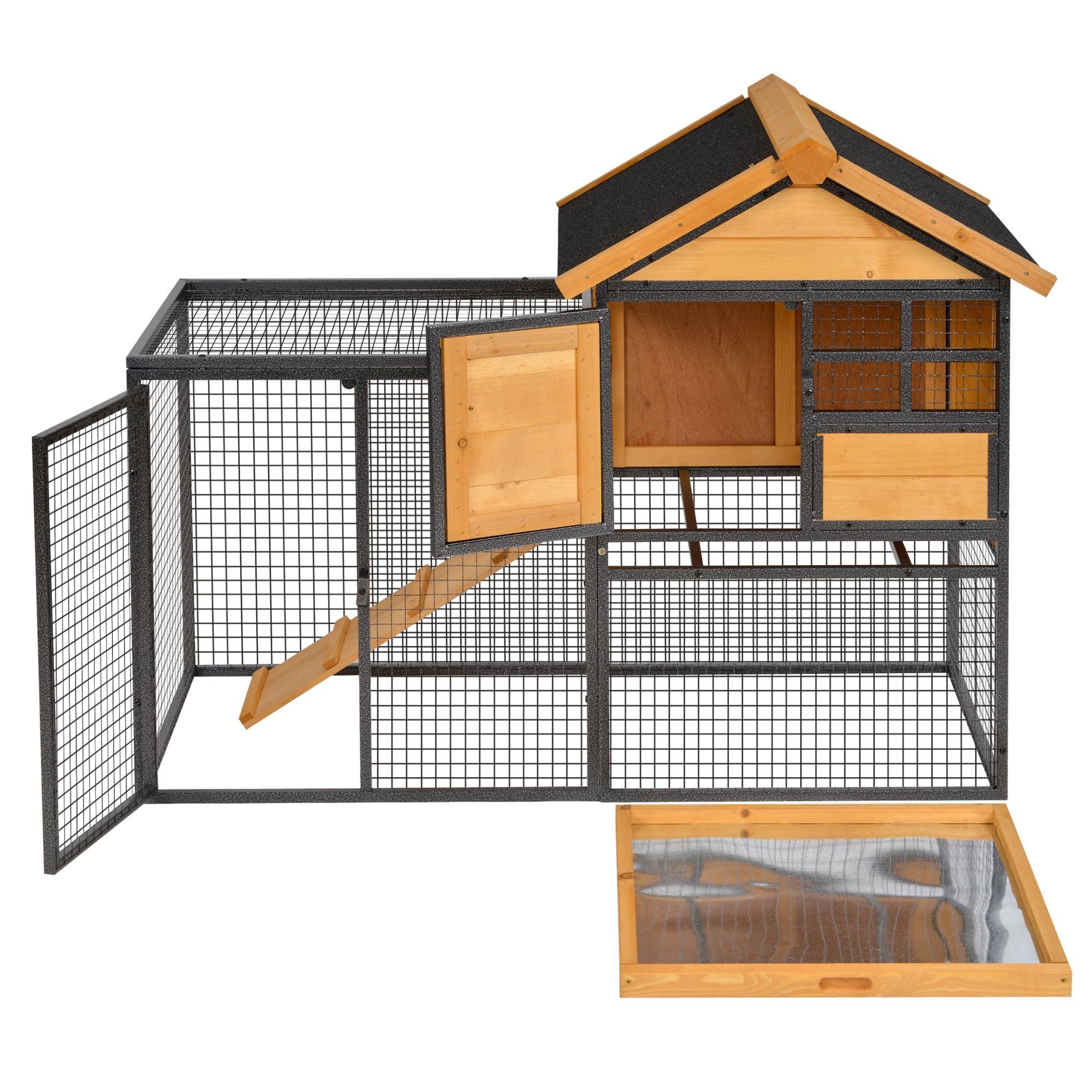 2-Level Rabbit Hutch Bunny Cage, Weatherproof Outdoor Pet House with Lockable Doors
