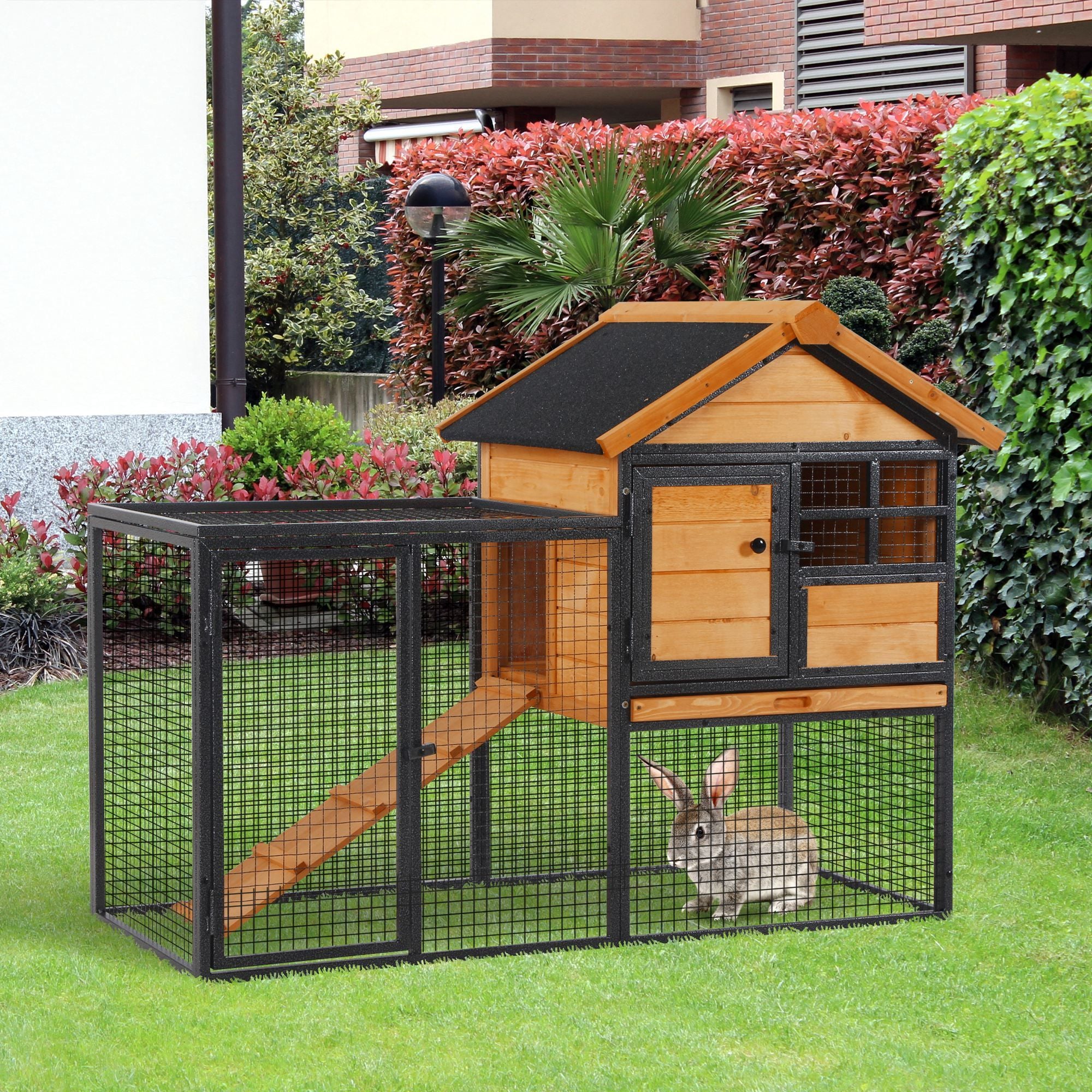 2-Level Rabbit Hutch Bunny Cage, Weatherproof Outdoor Pet House with Lockable Doors