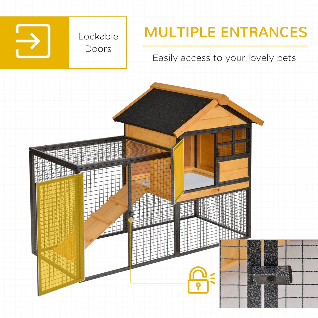 2-Level Rabbit Hutch Bunny Cage, Weatherproof Outdoor Pet House with Lockable Doors