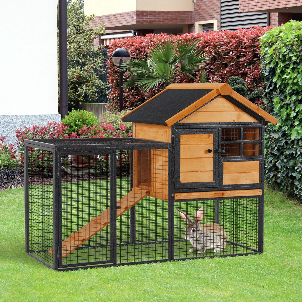2-Level Rabbit Hutch Bunny Cage, Weatherproof Outdoor Pet House with Lockable Doors