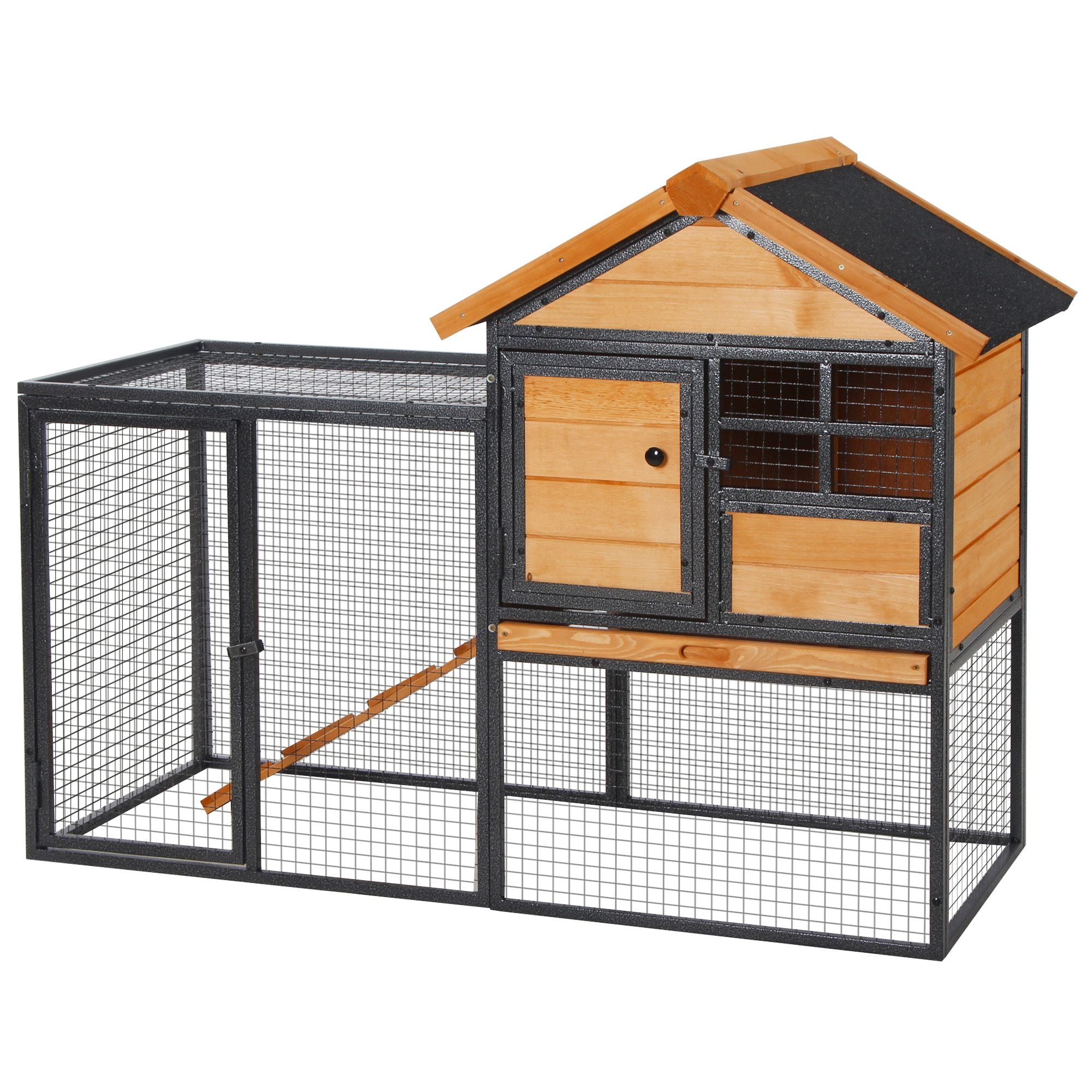 2-Level Rabbit Hutch Bunny Cage, Weatherproof Outdoor Pet House with Lockable Doors