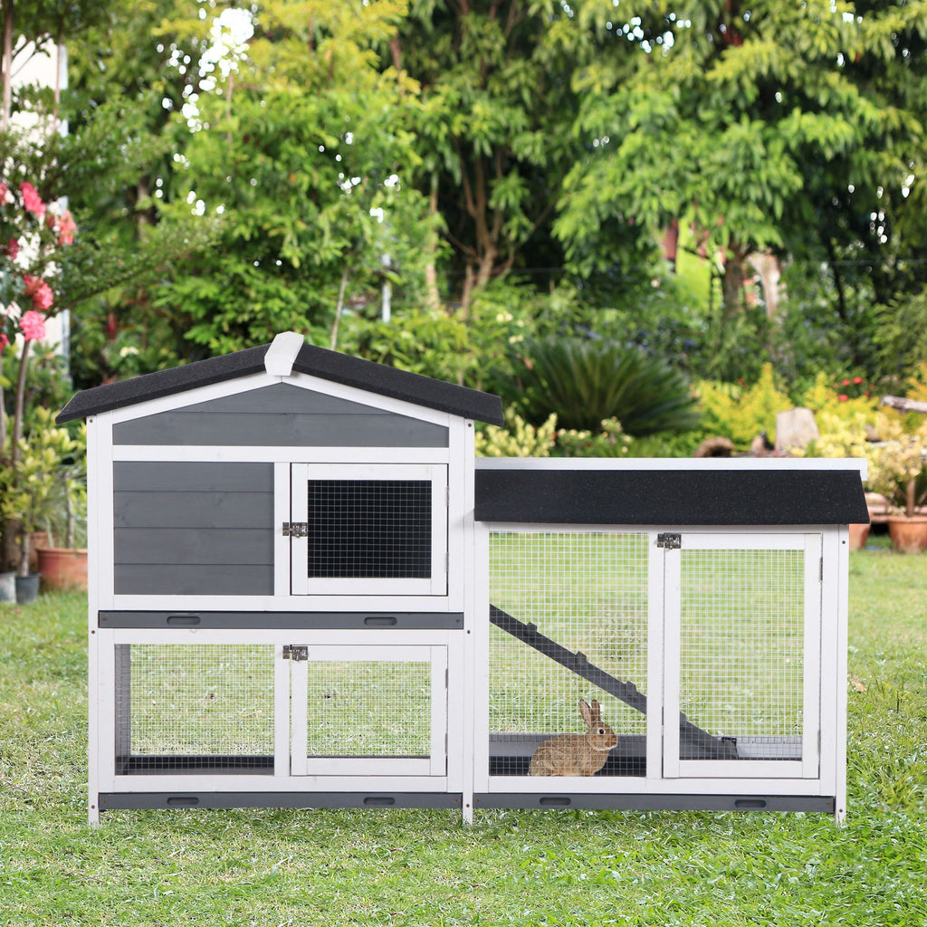 2-Story Outdoor Rabbit Hutch with Ramp & Weatherproof Roof