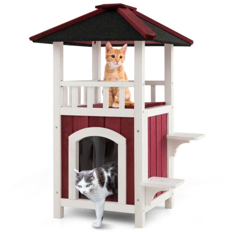 2-Story Wooden Cat House with Balcony & Rain Curtain – A Cozy Outdoor Retreat