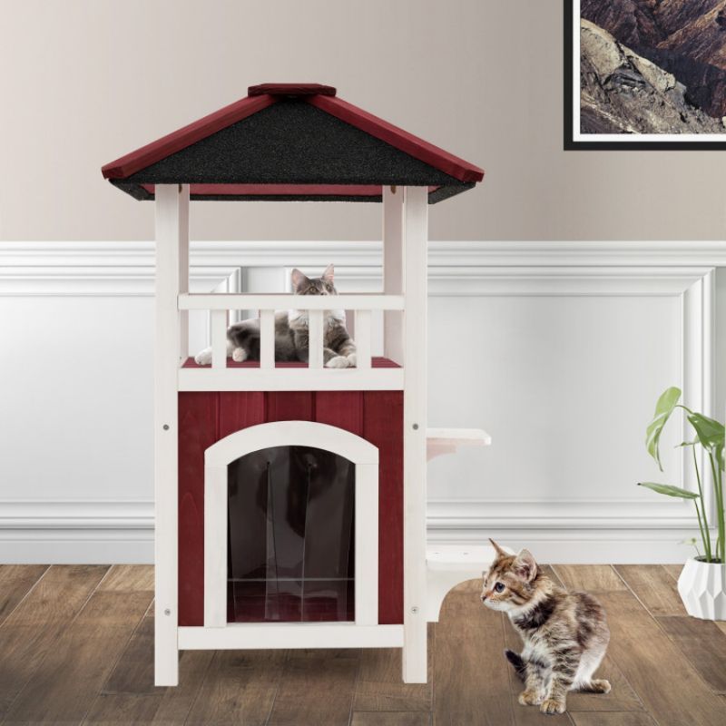 2-Story Wooden Cat House with Balcony & Rain Curtain – A Cozy Outdoor Retreat