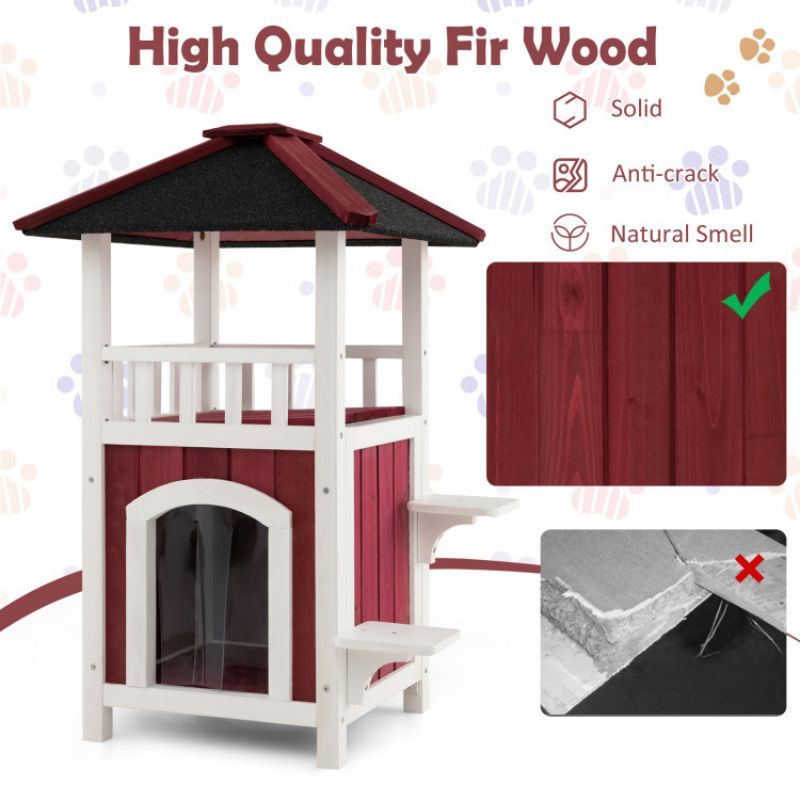 2-Story Wooden Cat House with Balcony & Rain Curtain – A Cozy Outdoor Retreat