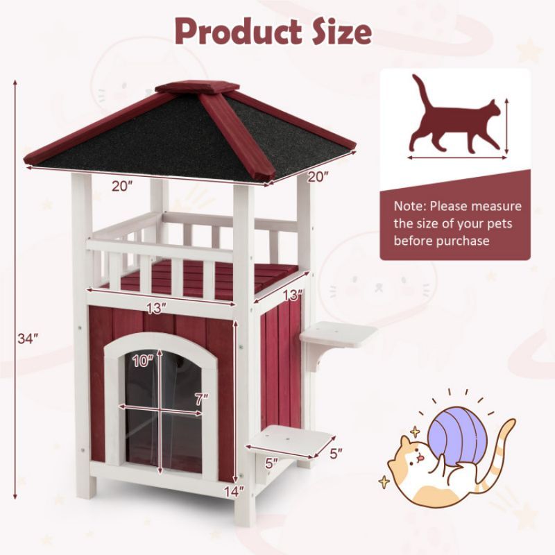 2-Story Wooden Cat House with Balcony & Rain Curtain – A Cozy Outdoor Retreat