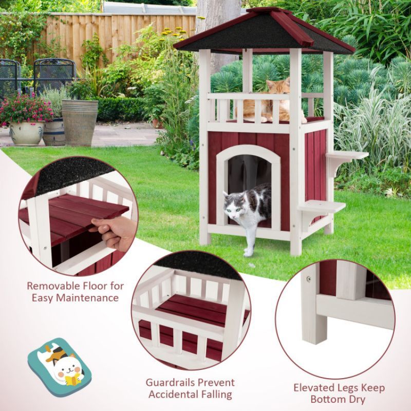 2-Story Wooden Cat House with Balcony & Rain Curtain – A Cozy Outdoor Retreat