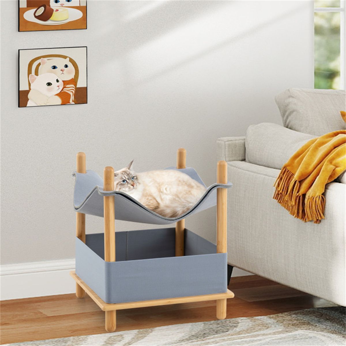 Convertible 2-Tier Cat Condo with Hammock & Bamboo Frame