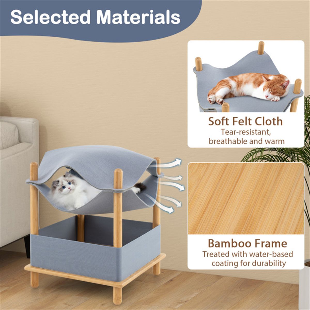 Convertible 2-Tier Cat Condo with Hammock & Bamboo Frame