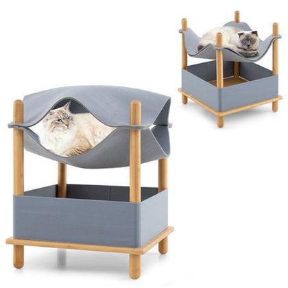 Convertible 2-Tier Cat Condo with Hammock & Bamboo Frame