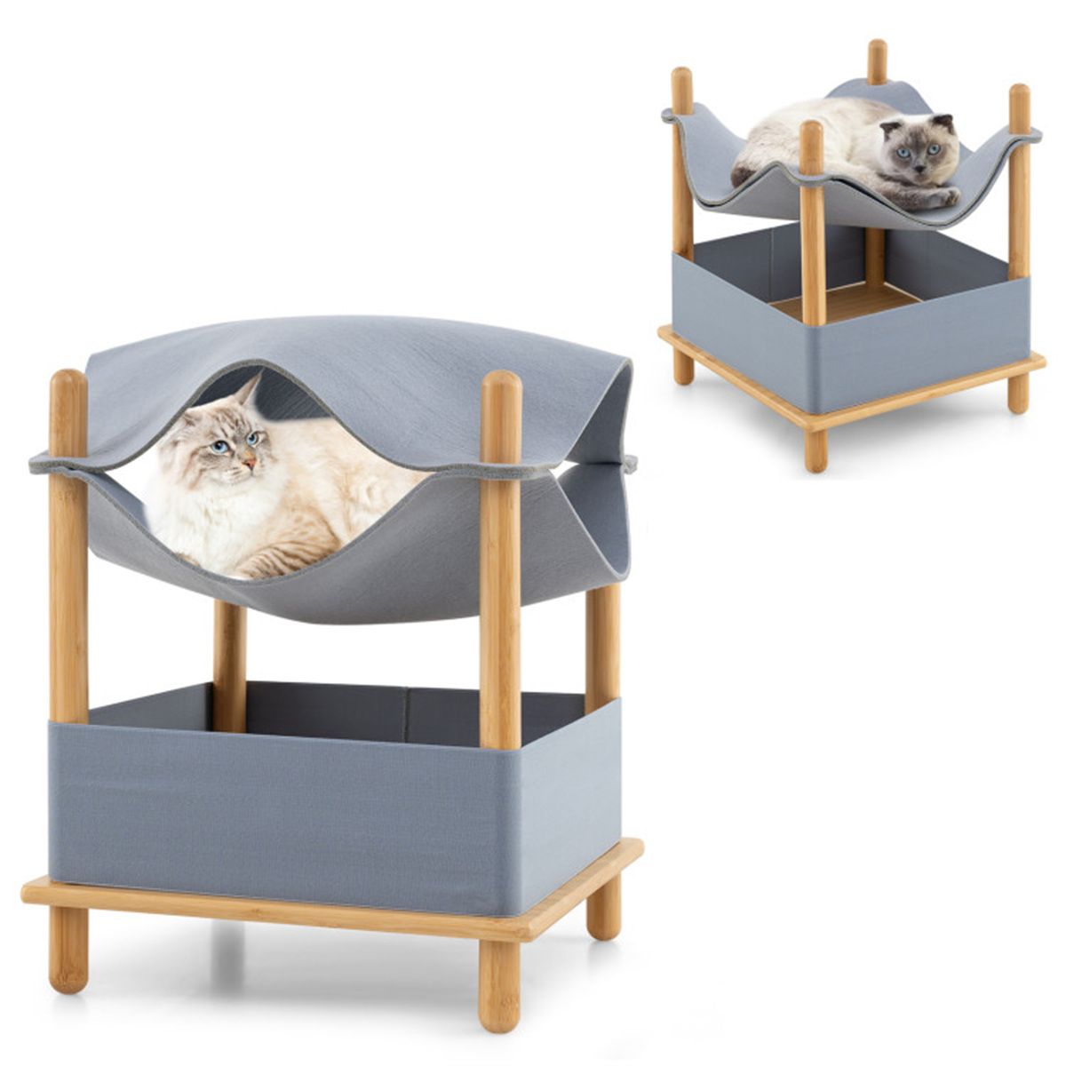 Convertible 2-Tier Cat Condo with Hammock & Bamboo Frame