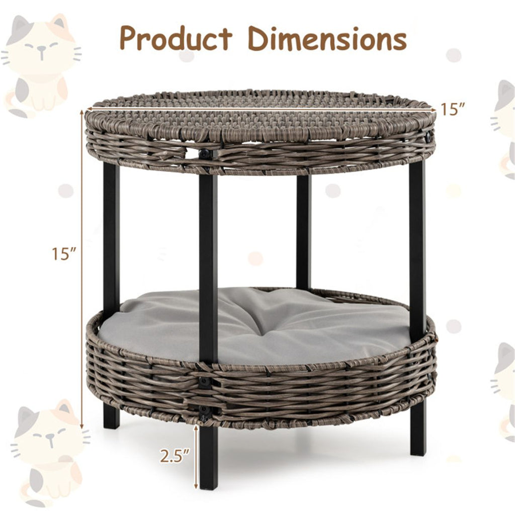 2-Tier Rattan Cat Bed (15"x15") - Washable Padded Cushion, Metal Legs (66 lbs Total Capacity), Gray Finish