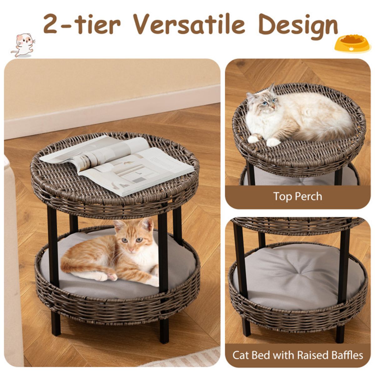 2-Tier Rattan Cat Bed (15"x15") - Washable Padded Cushion, Metal Legs (66 lbs Total Capacity), Gray Finish