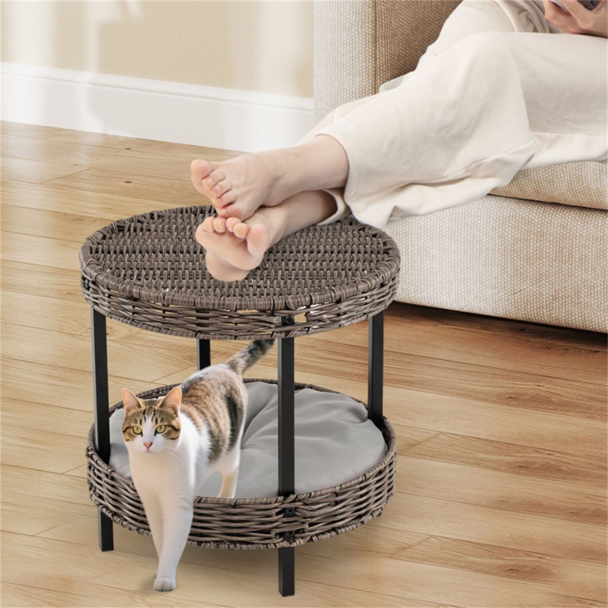 2-Tier Rattan Cat Bed (15"x15") - Washable Padded Cushion, Metal Legs (66 lbs Total Capacity), Gray Finish