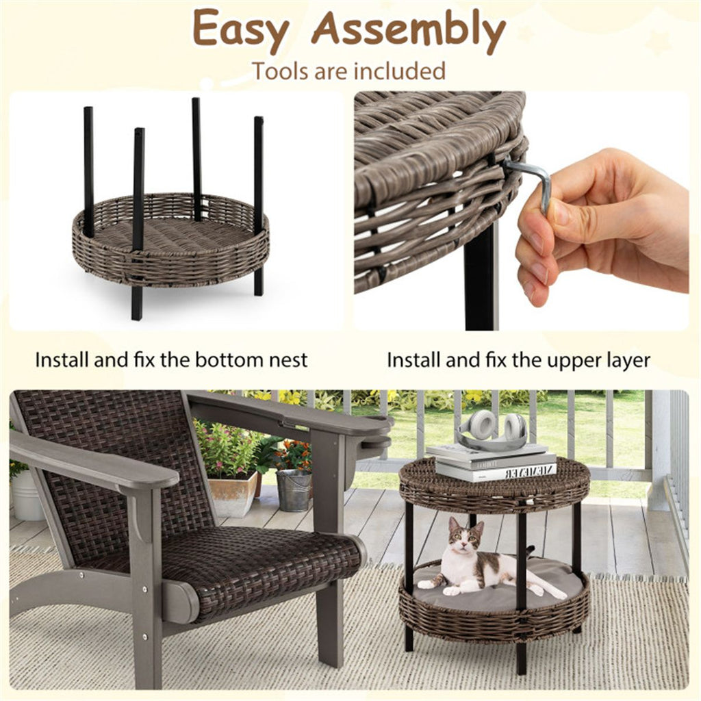 2-Tier Rattan Cat Bed (15"x15") - Washable Padded Cushion, Metal Legs (66 lbs Total Capacity), Gray Finish