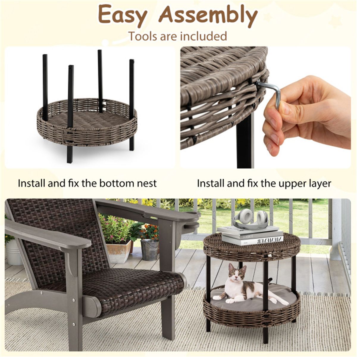 2-Tier Rattan Cat Bed (15"x15") - Washable Padded Cushion, Metal Legs (66 lbs Total Capacity), Gray Finish