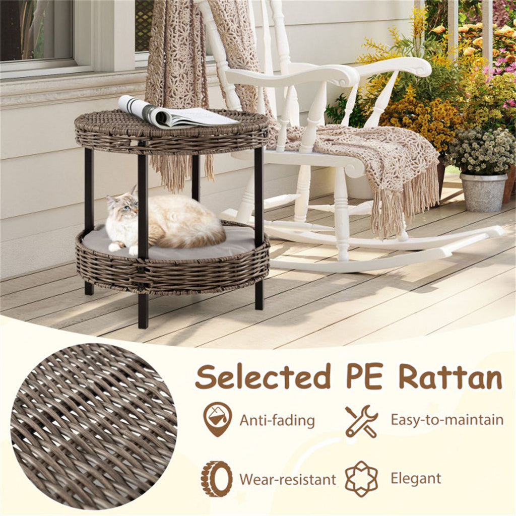 2-Tier Rattan Cat Bed (15"x15") - Washable Padded Cushion, Metal Legs (66 lbs Total Capacity), Gray Finish