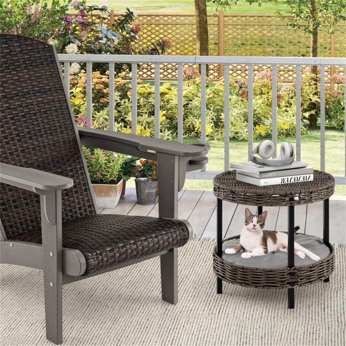 2-Tier Rattan Cat Bed (15"x15") - Washable Padded Cushion, Metal Legs (66 lbs Total Capacity), Gray Finish
