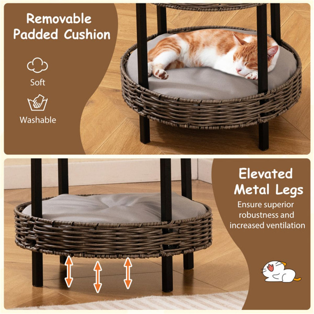 2-Tier Rattan Cat Bed (15"x15") - Washable Padded Cushion, Metal Legs (66 lbs Total Capacity), Gray Finish