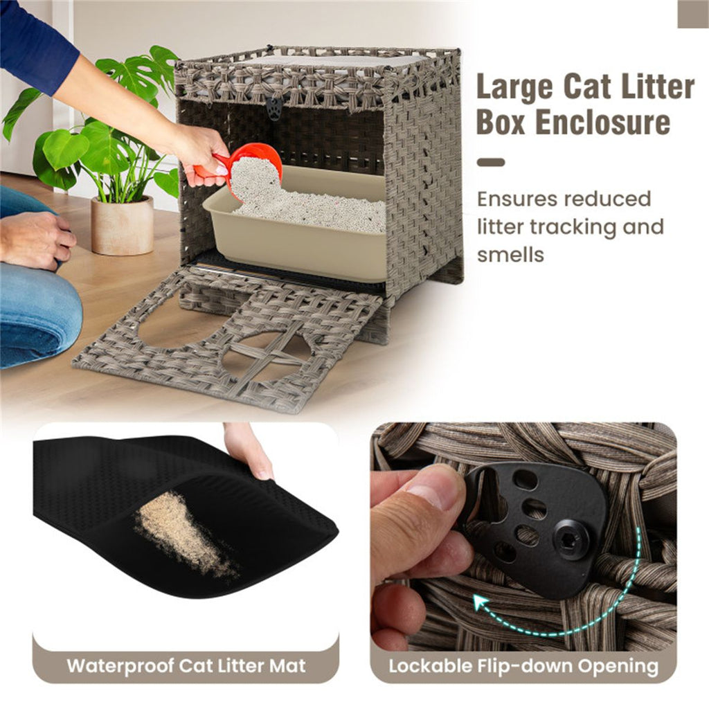 2-Tier Wicker Cat Condo with Litter Mat - Hidden Litter Box Enclosure, Detachable Washable Cushion, Gray Rattan