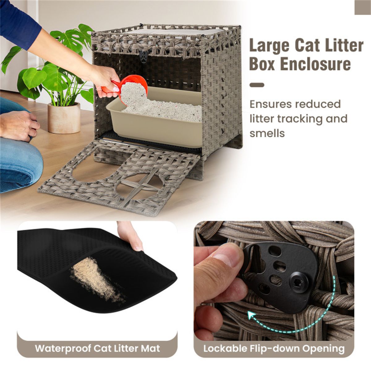 2-Tier Wicker Cat Condo with Litter Mat - Hidden Litter Box Enclosure, Detachable Washable Cushion, Gray Rattan