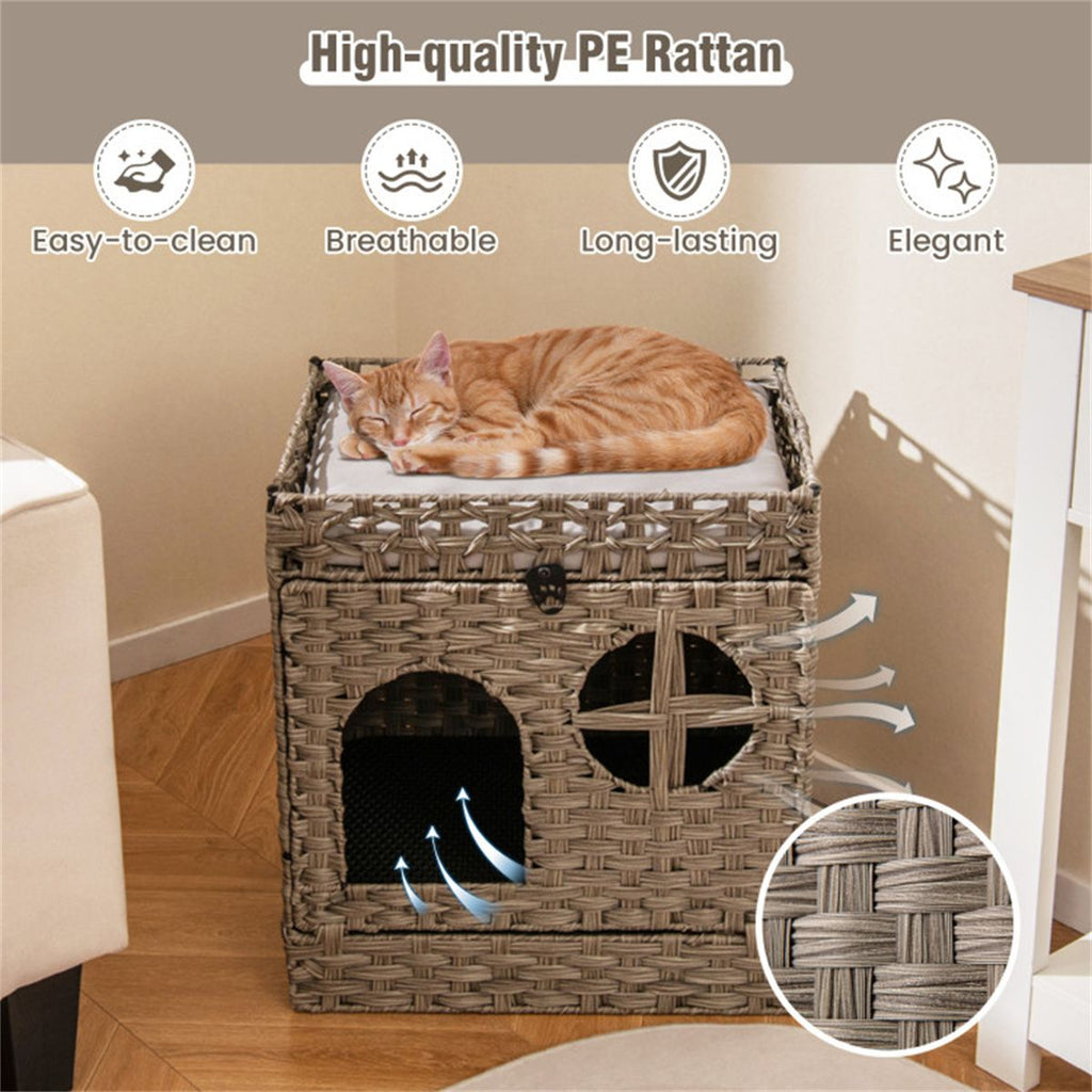 2-Tier Wicker Cat Condo with Litter Mat - Hidden Litter Box Enclosure, Detachable Washable Cushion, Gray Rattan