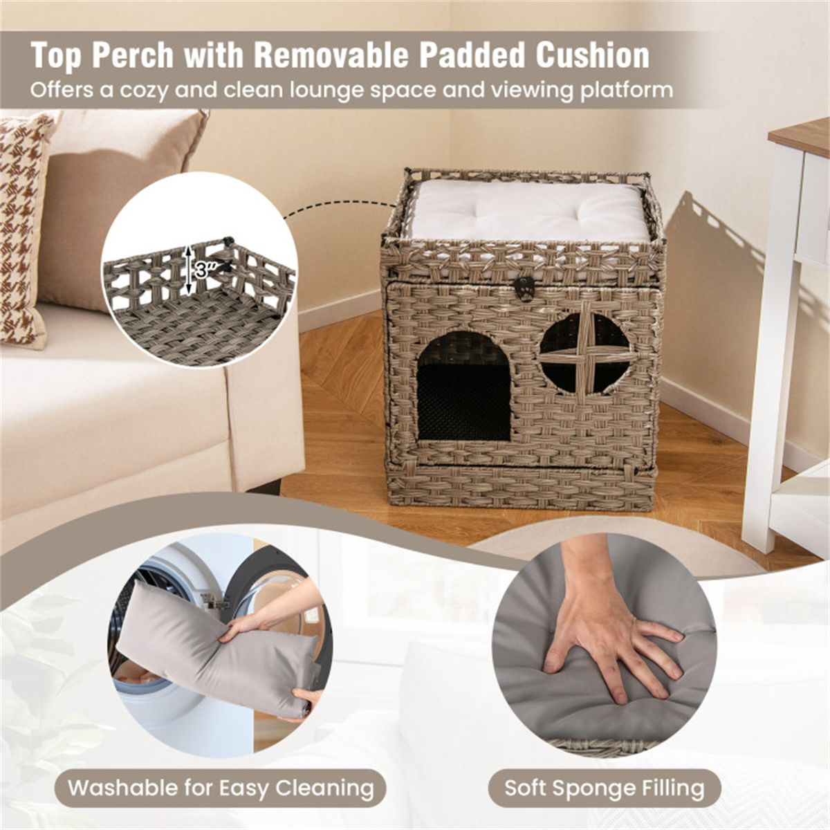 2-Tier Wicker Cat Condo with Litter Mat - Hidden Litter Box Enclosure, Detachable Washable Cushion, Gray Rattan