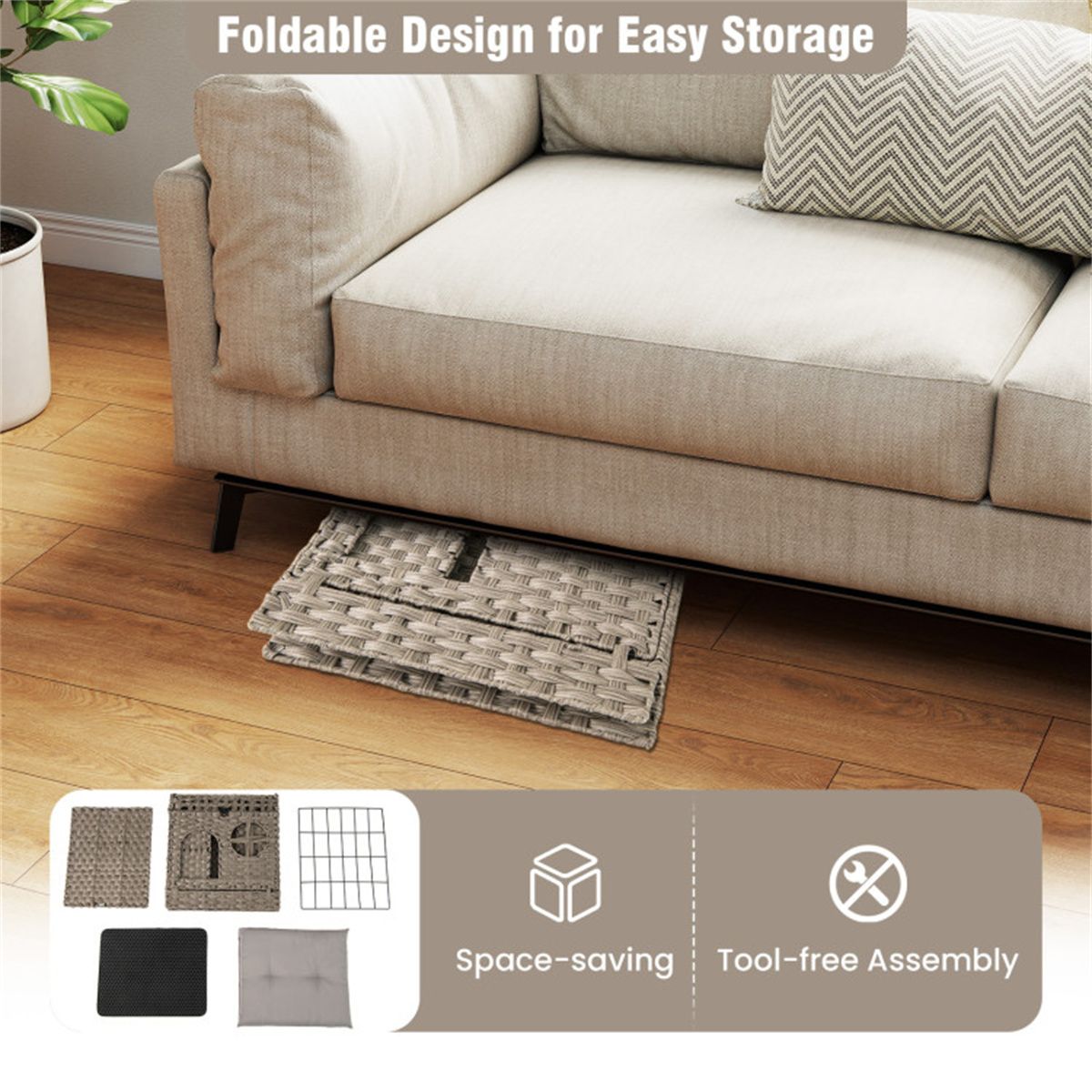 2-Tier Wicker Cat Condo with Litter Mat - Hidden Litter Box Enclosure, Detachable Washable Cushion, Gray Rattan