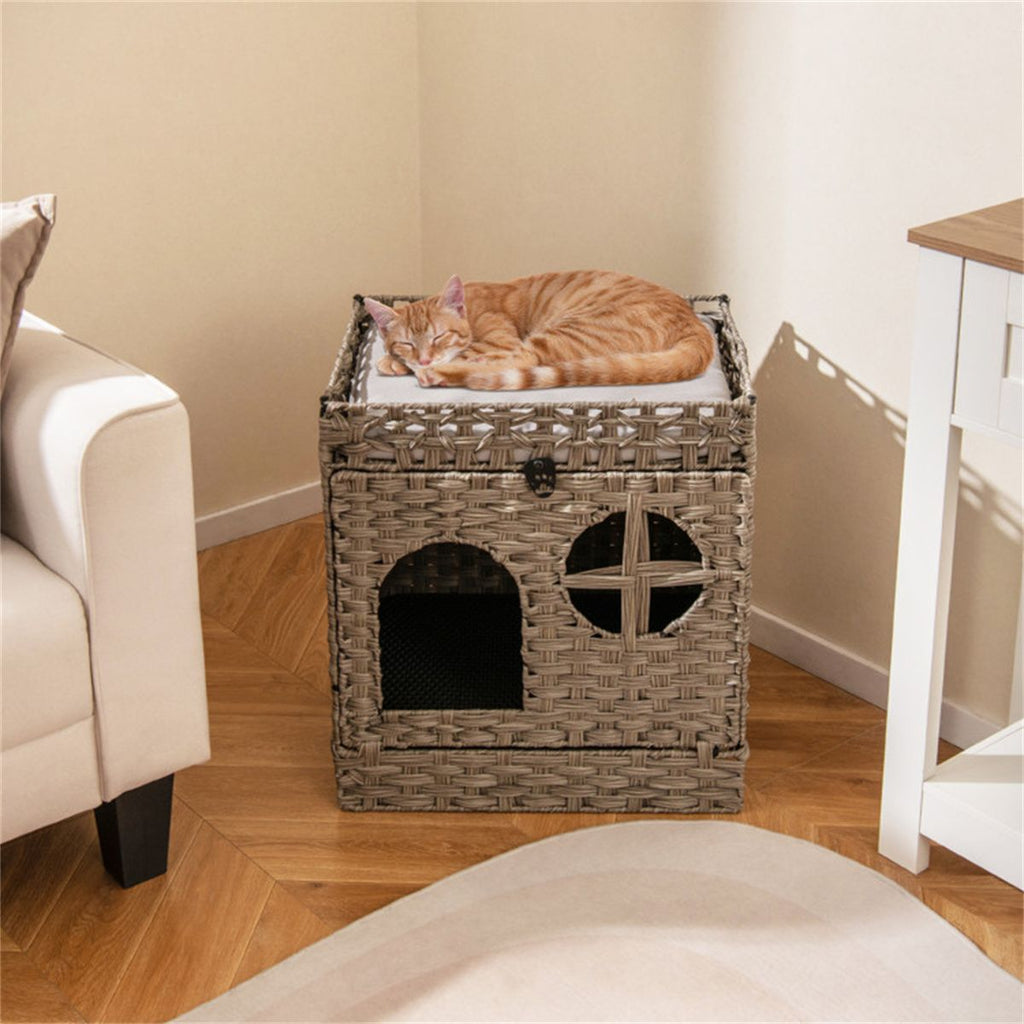 2-Tier Wicker Cat Condo with Litter Mat - Hidden Litter Box Enclosure, Detachable Washable Cushion, Gray Rattan