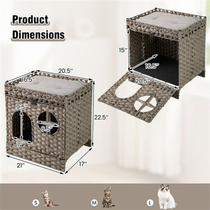 Stylish 2-Tier Wicker Cat Condo with Hidden Litter Box & Washable Cushion