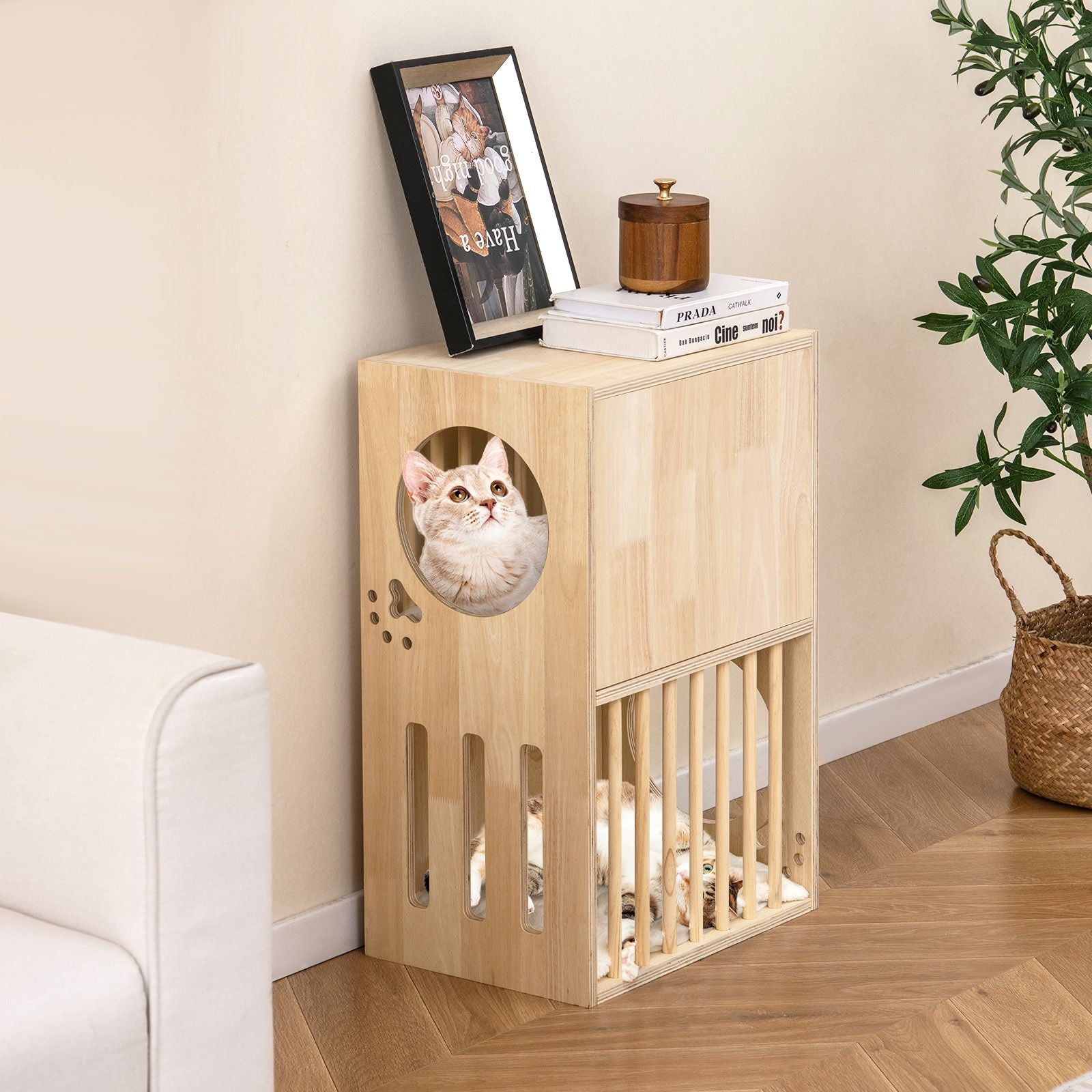 2-Tier furniture-style Cat Condo with Removable Cushions for Two Cats