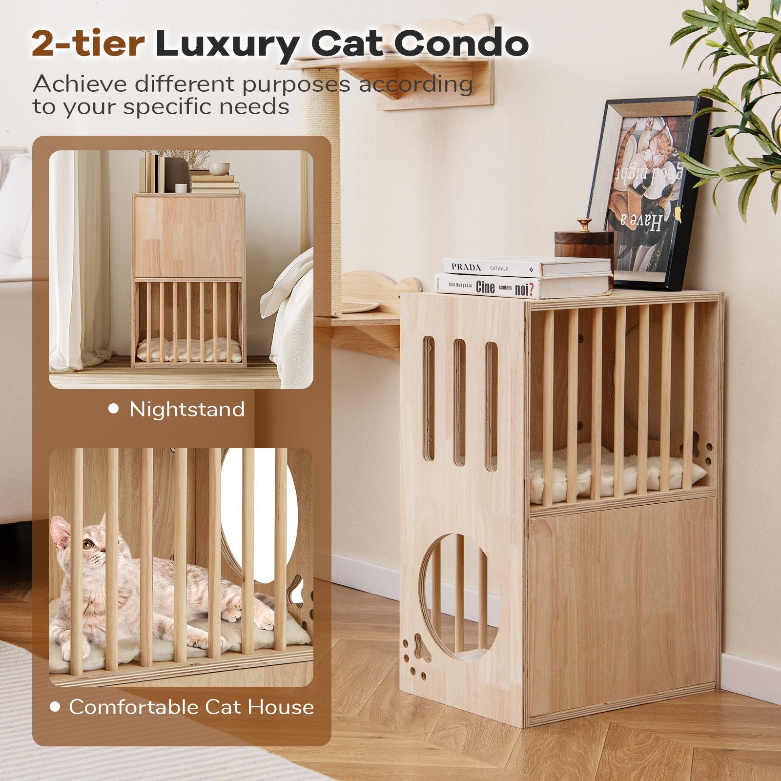 2-Tier furniture-style Cat Condo with Removable Cushions for Two Cats