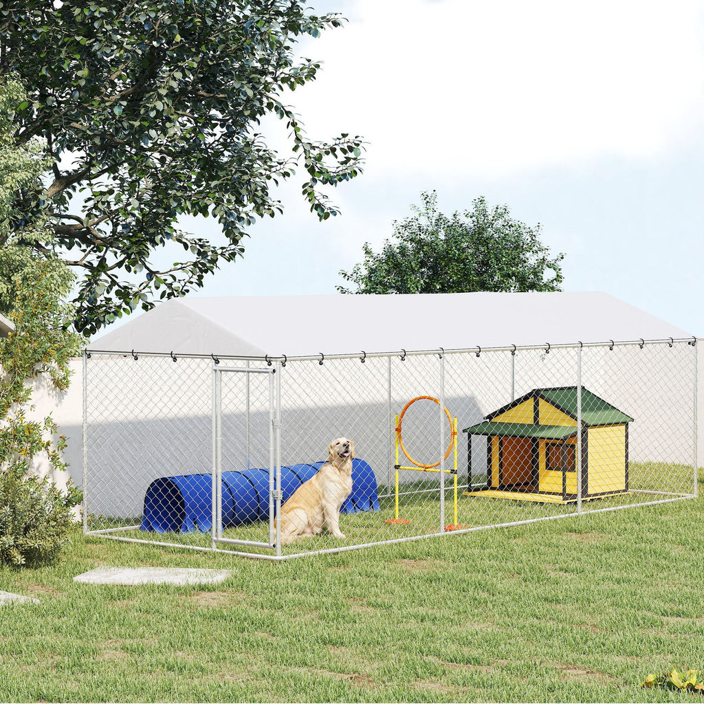 20' x 7.5' x 6.5' Dog Kennel Outdoor for Small Medium Large Dogs with water-ready Roof, Silver