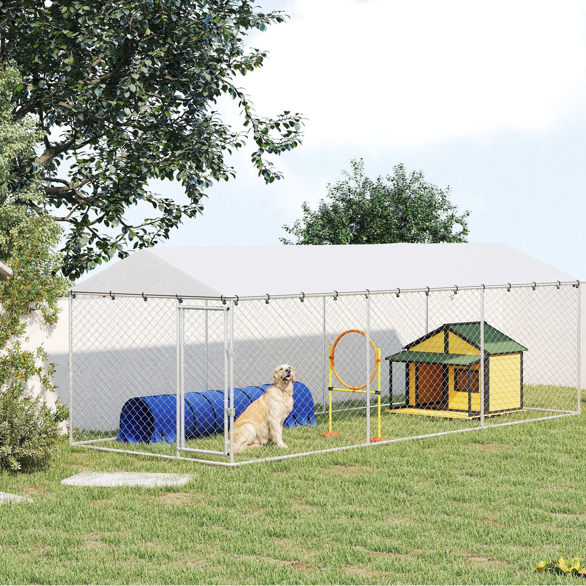 20' x 7.5' x 6.5' Dog Kennel Outdoor for Small Medium Large Dogs with water-ready Roof, Silver