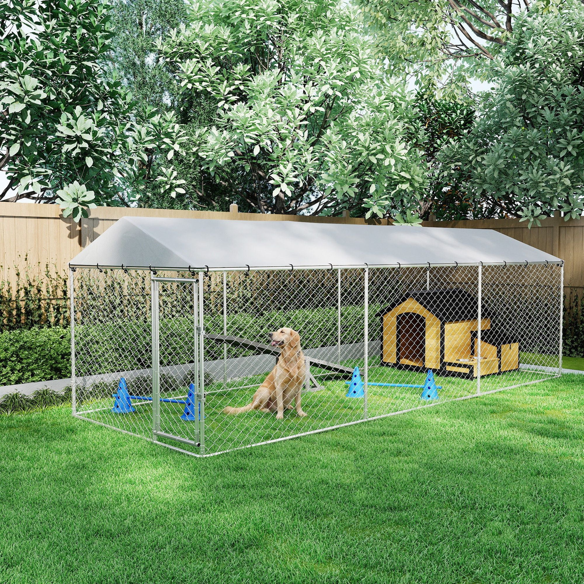 20' x 7.5' x 6.5' Dog Kennel Outdoor for Small Medium Large Dogs with water-ready Roof, Silver