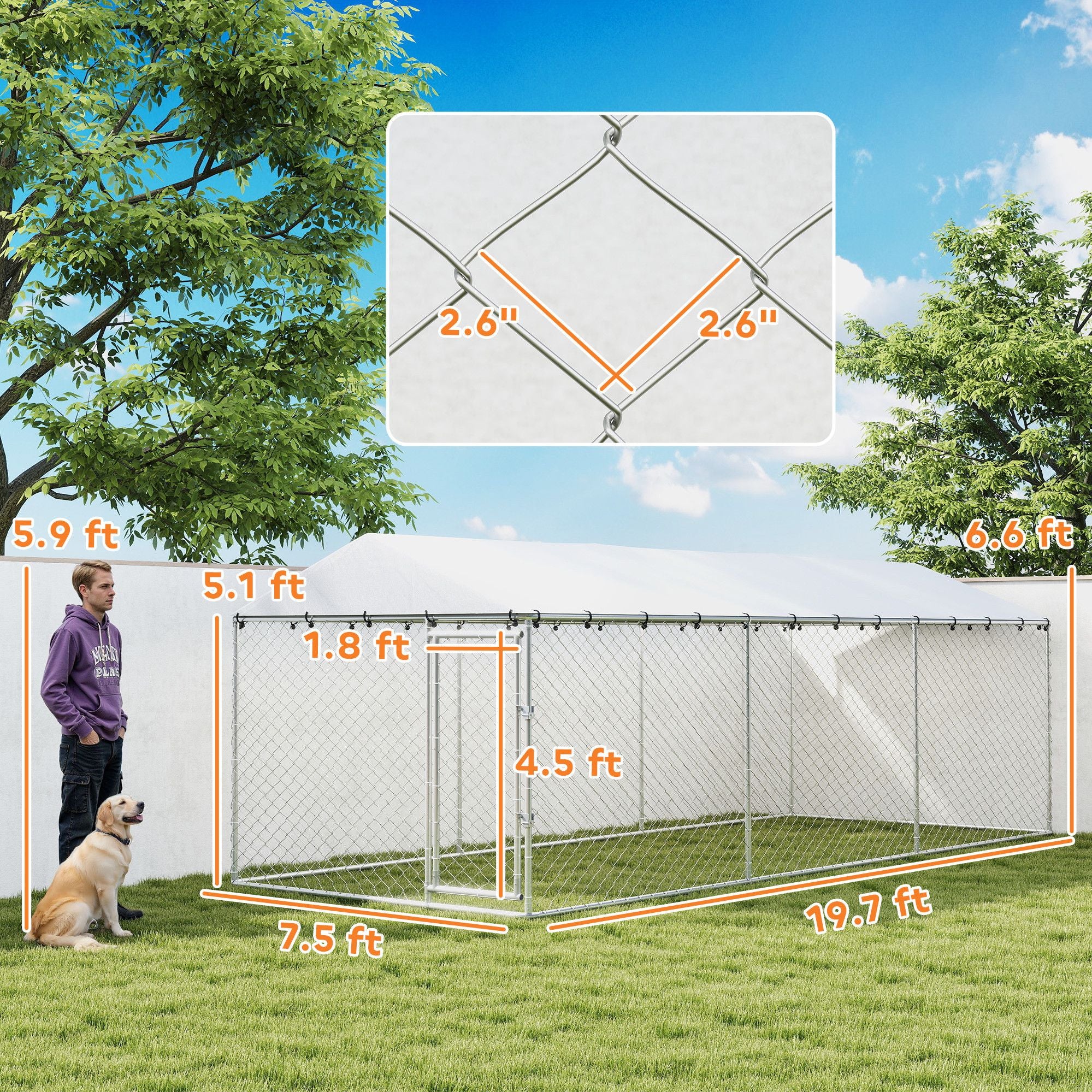 20' x 7.5' x 6.5' Dog Kennel Outdoor for Small Medium Large Dogs with water-ready Roof, Silver