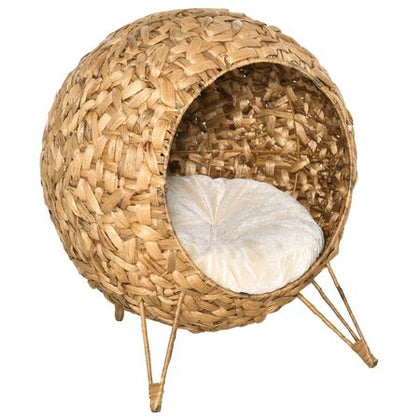 Elevated Woven Rattan Cat Bed with Soft Cushion