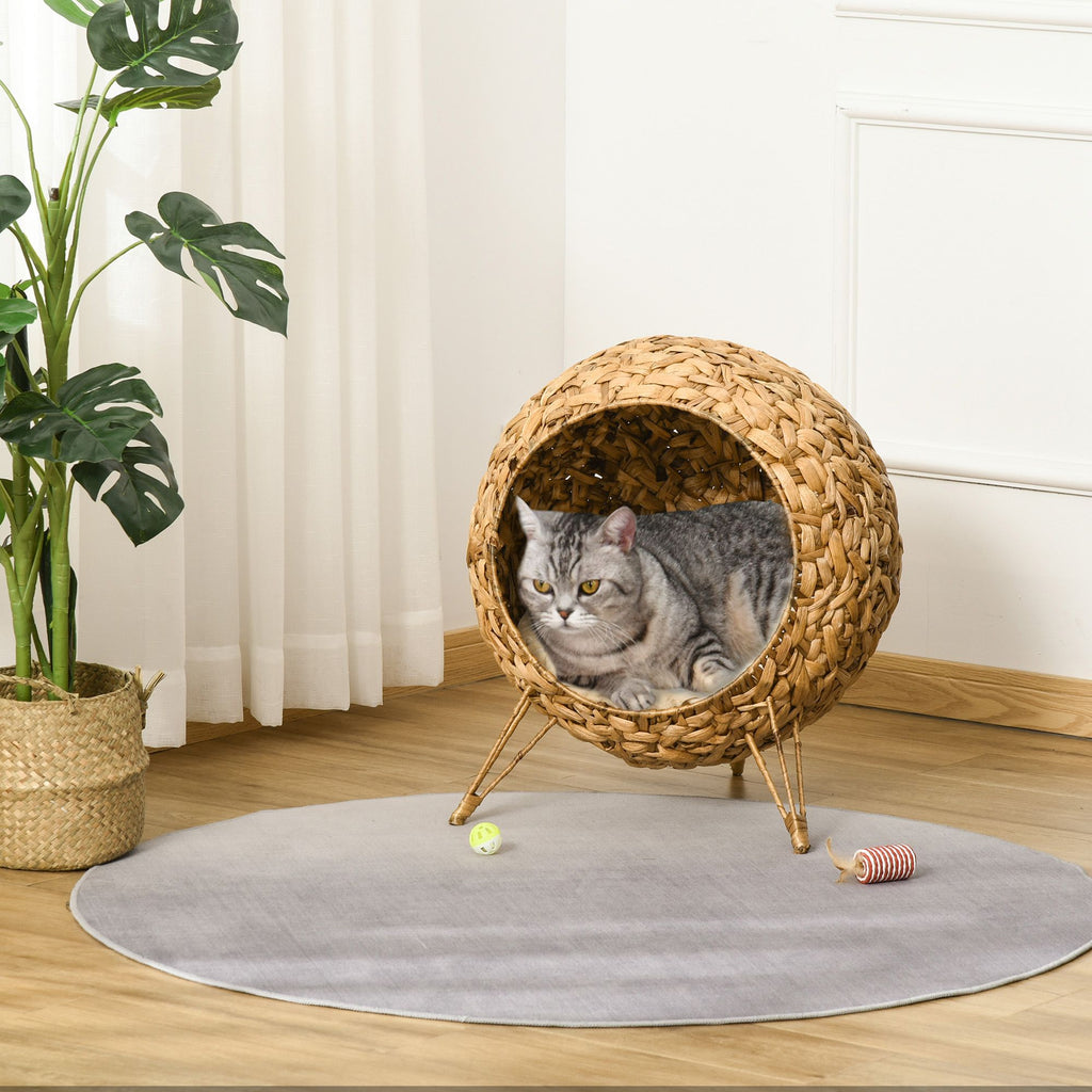 Elevated Woven Rattan Cat Bed with Soft Cushion