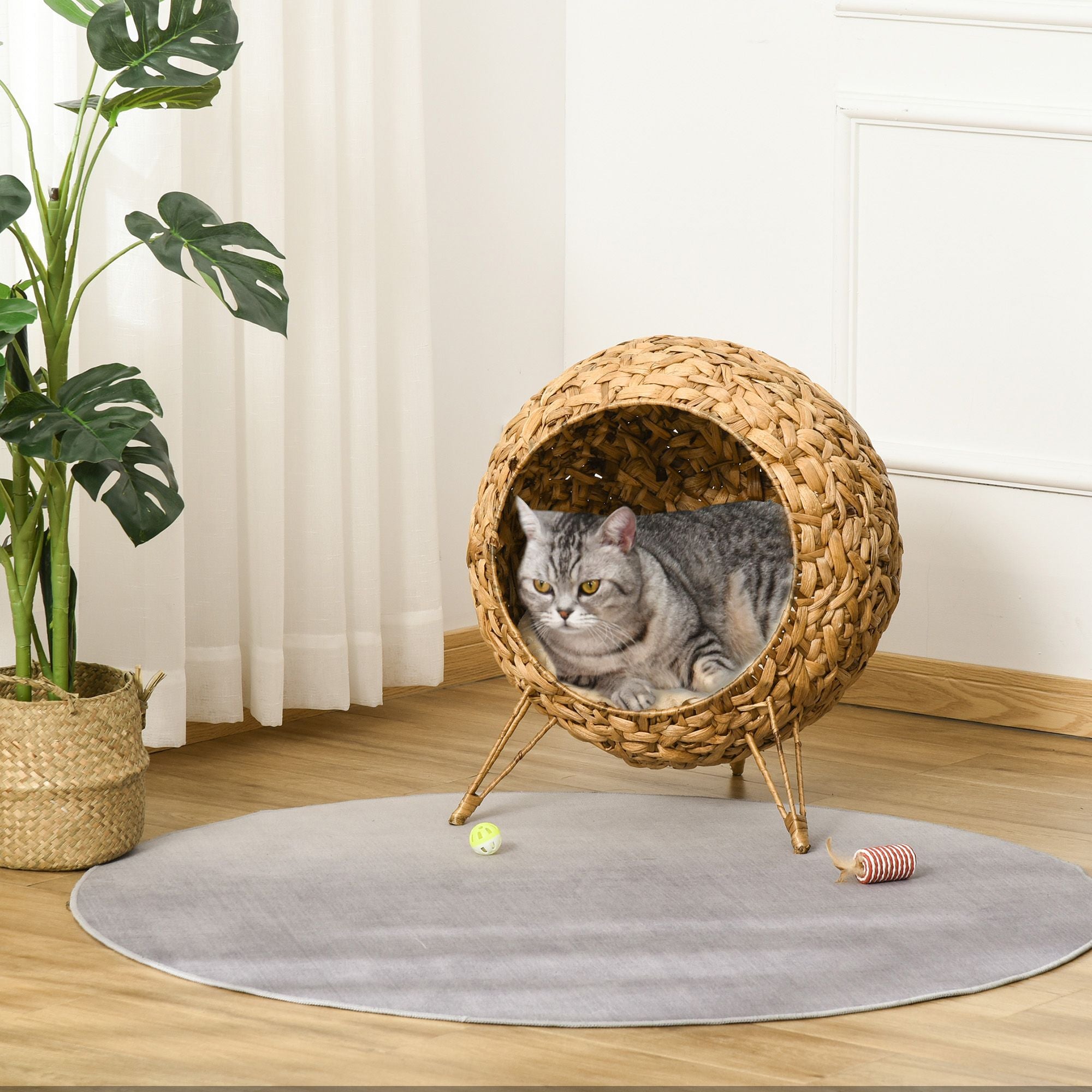 Elevated Woven Rattan Cat Bed with Soft Cushion