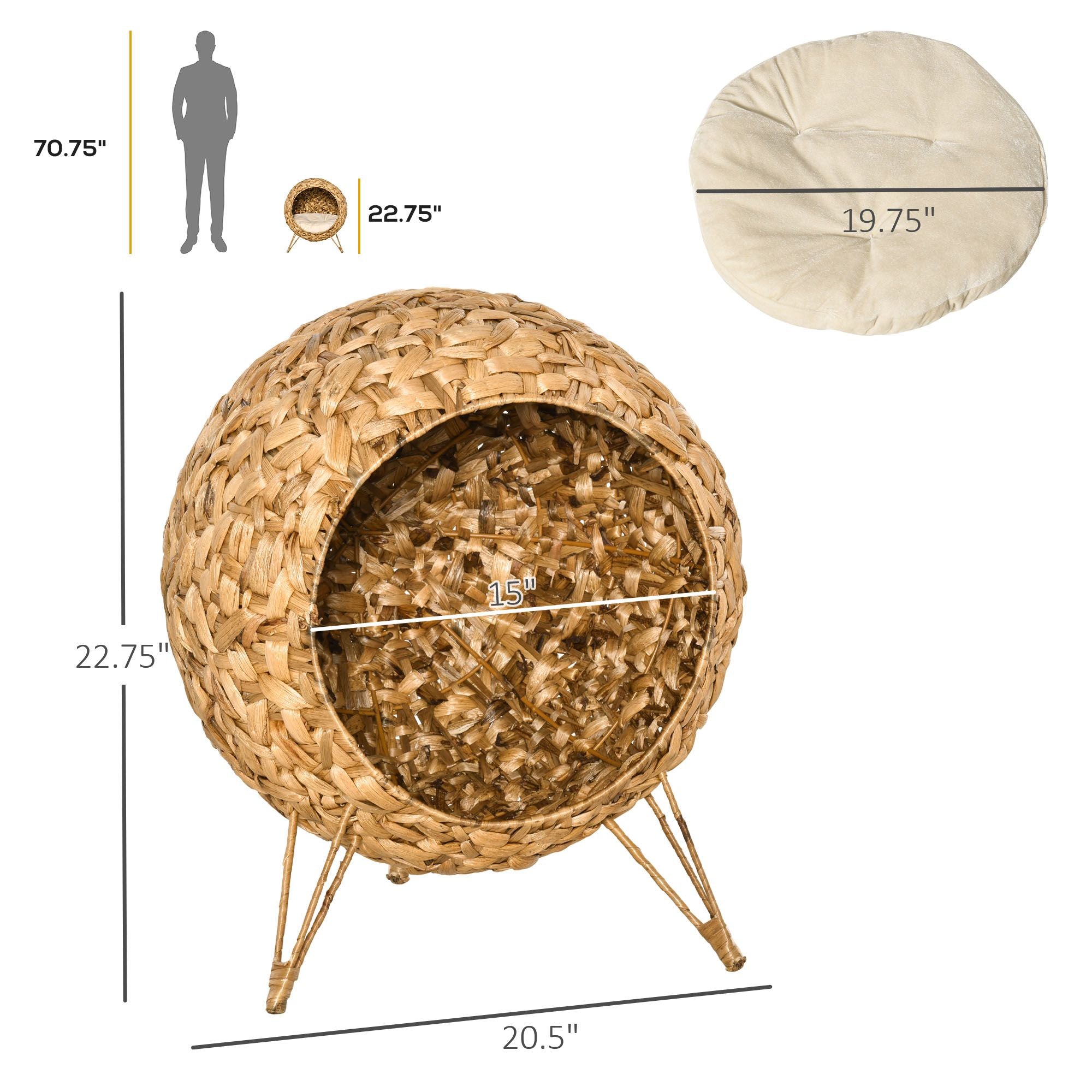 Elevated Woven Rattan Cat Bed with Soft Cushion