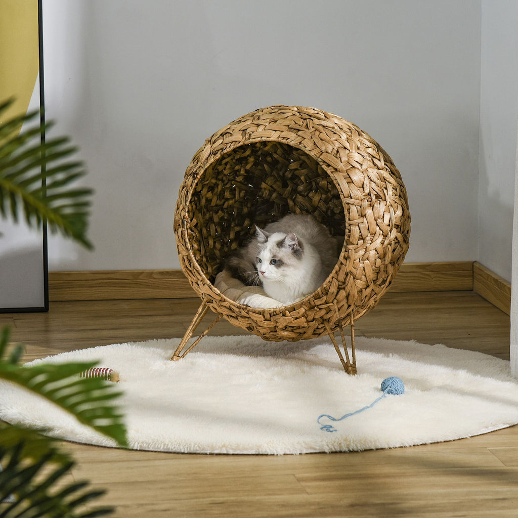 Elevated Woven Rattan Cat Bed with Soft Cushion