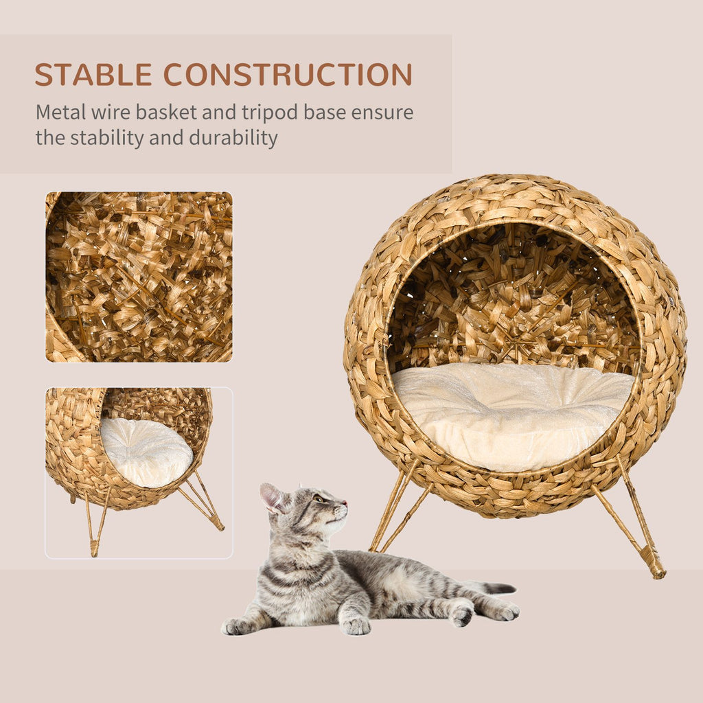 Elevated Woven Rattan Cat Bed with Soft Cushion