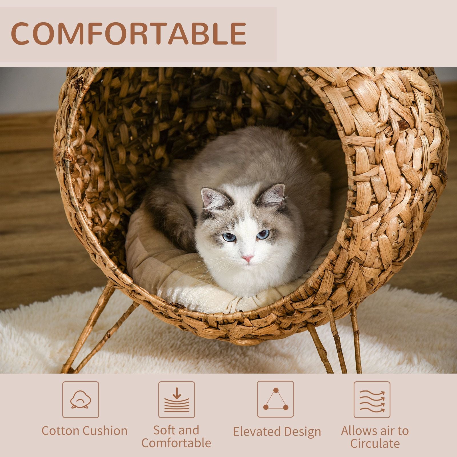 Elevated Woven Rattan Cat Bed with Soft Cushion