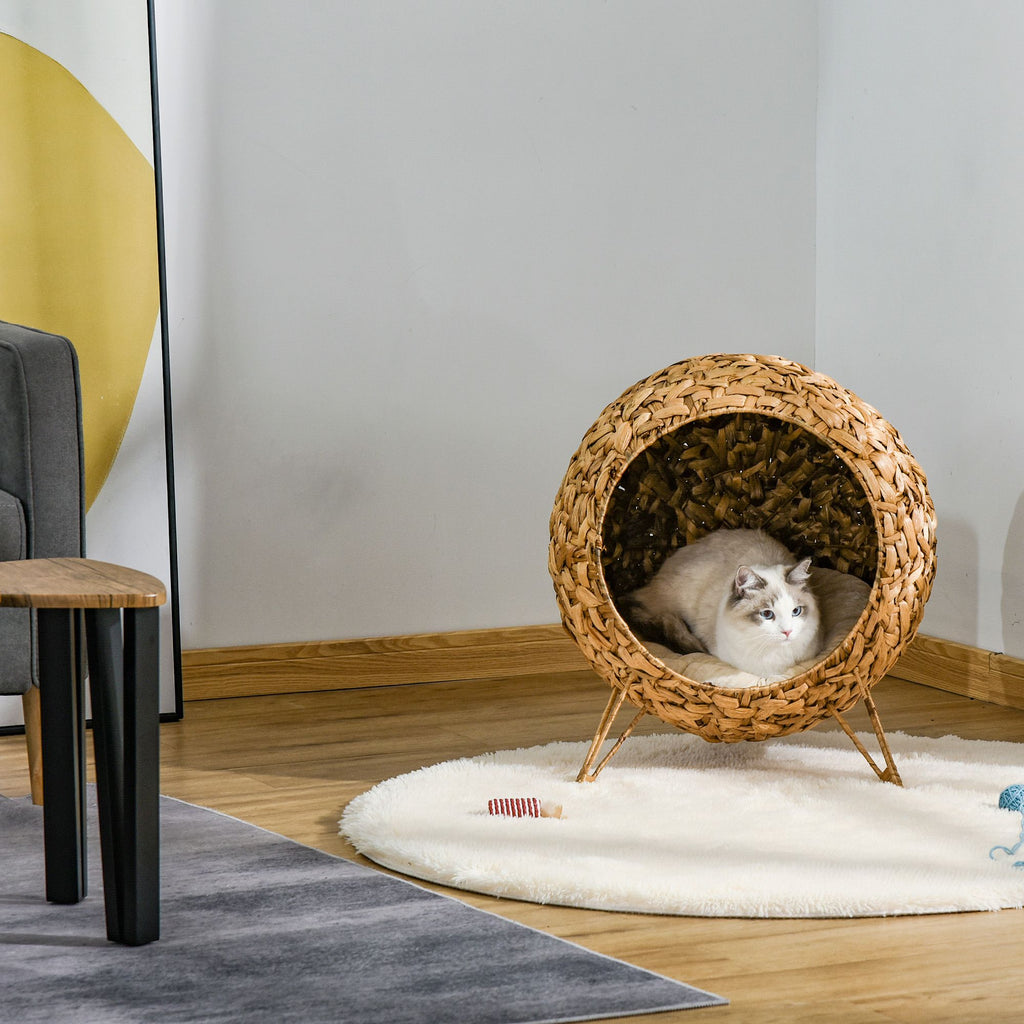 Elevated Woven Rattan Cat Bed with Soft Cushion