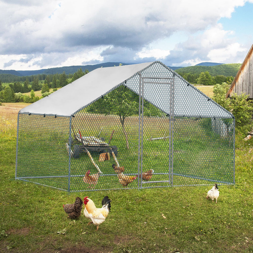 x x Silver Chicken Coop with Pointed Roof and practical PE Cover