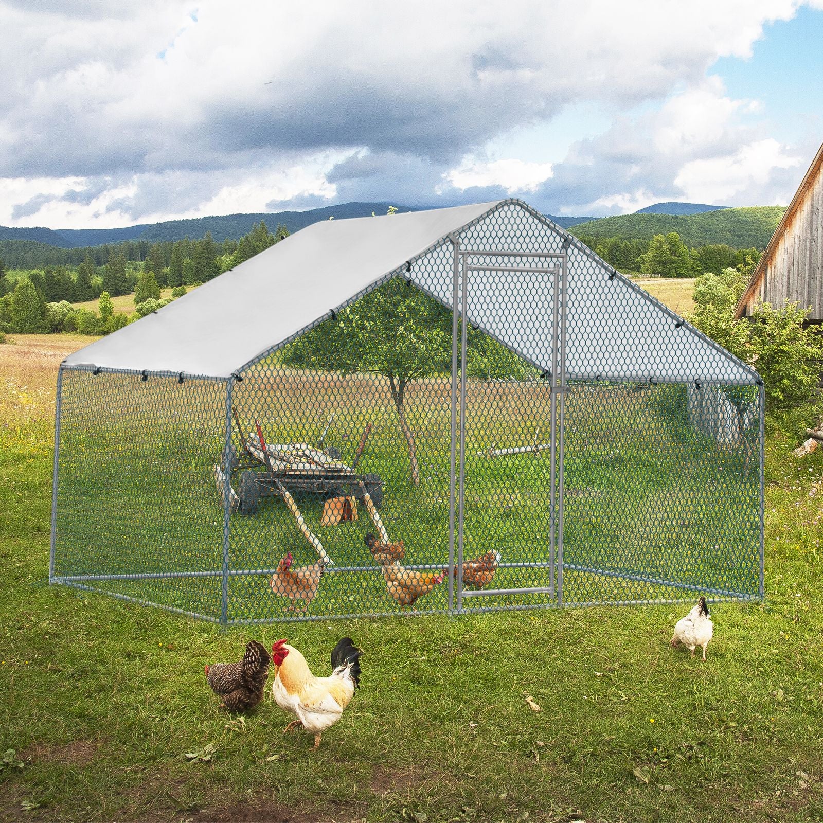 x x Silver Chicken Coop with Pointed Roof and practical PE Cover
