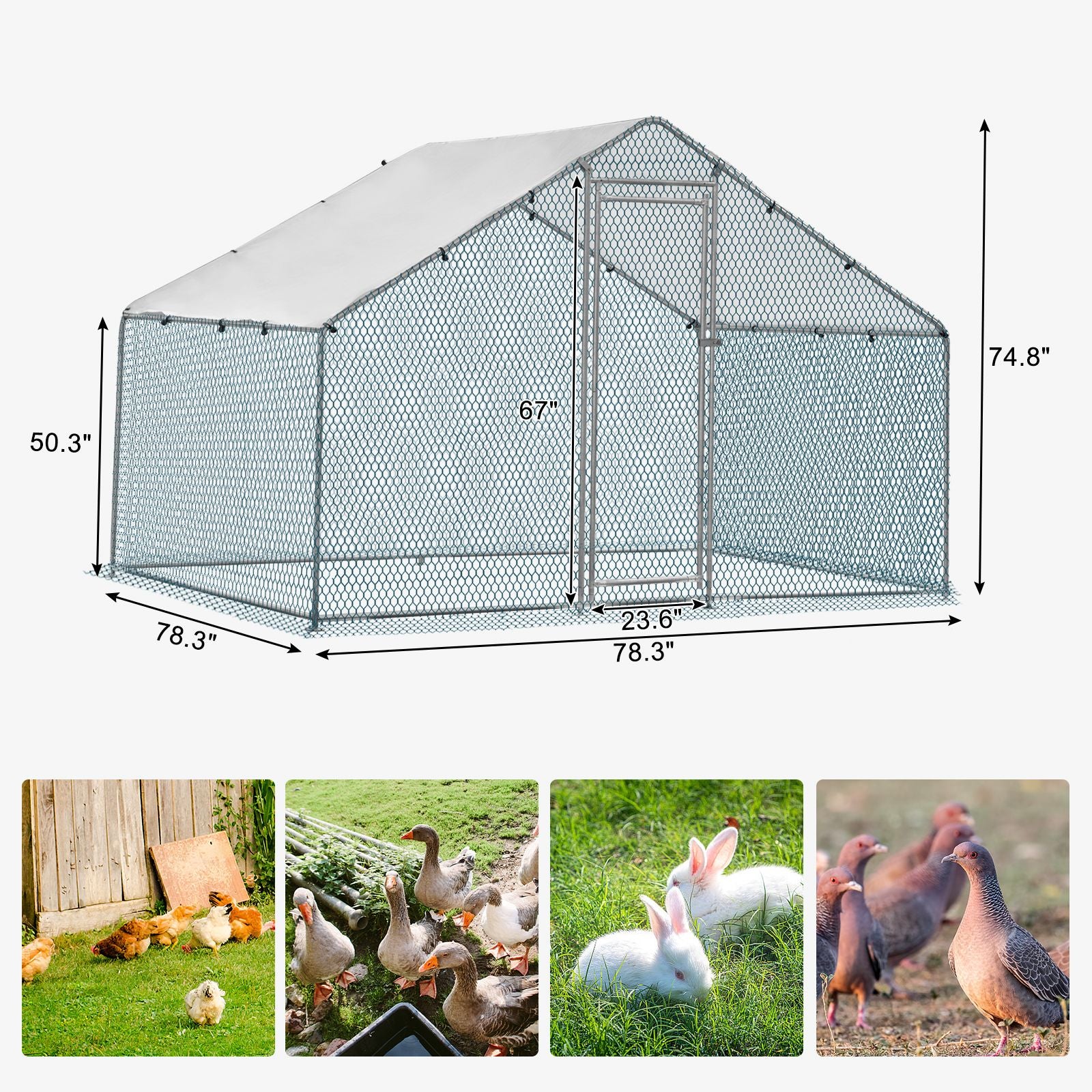 x x Silver Chicken Coop with Pointed Roof and practical PE Cover